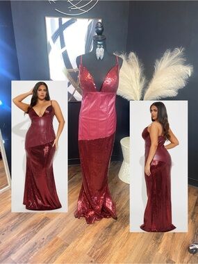 Sequin and Leather Paneled V-Neck Evening Gown in Burgundy